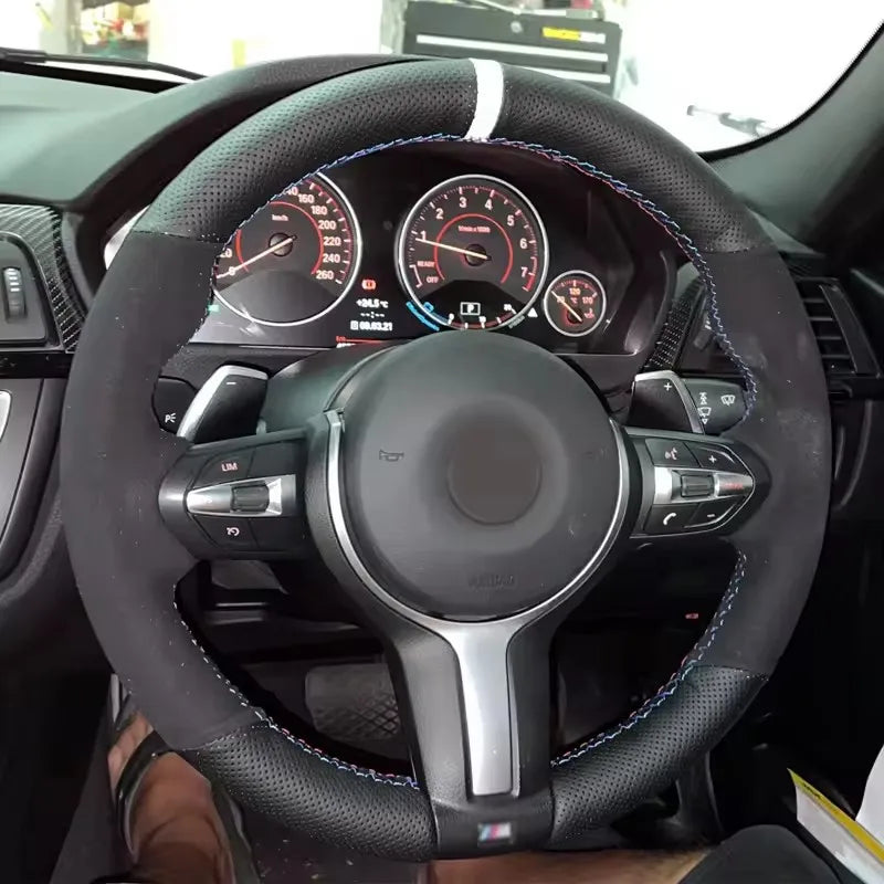 Suede Carbon Fiber Car Steering Wheel Cover For BMW